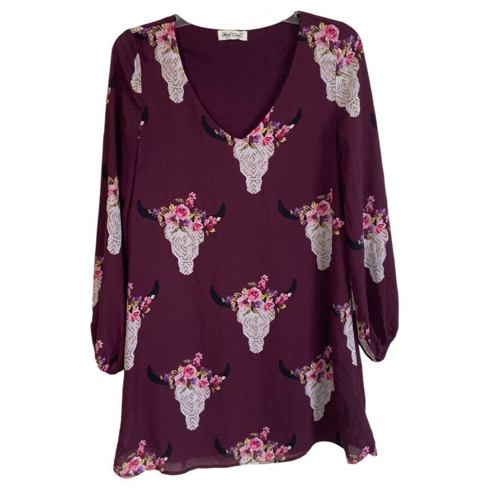 Hoity Toity Blouse Lined Coastal Cowgirl Floral Bull Long Sleeve Small Burgundy
